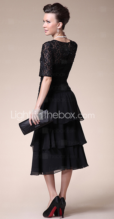 A-line Jewel Tea-length Chiffon Mother of the Bride Dress