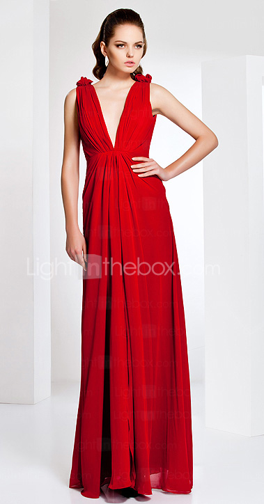 Sheath/ Column V-neck Floor-length Chiffon Evening Dress