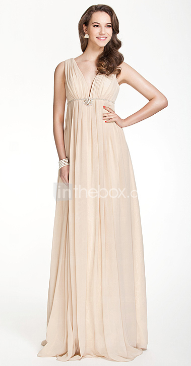 Empire V-neck Floor-length Chiffon Over Elastic Satin Bridesmaid/ Wedding Party Dress