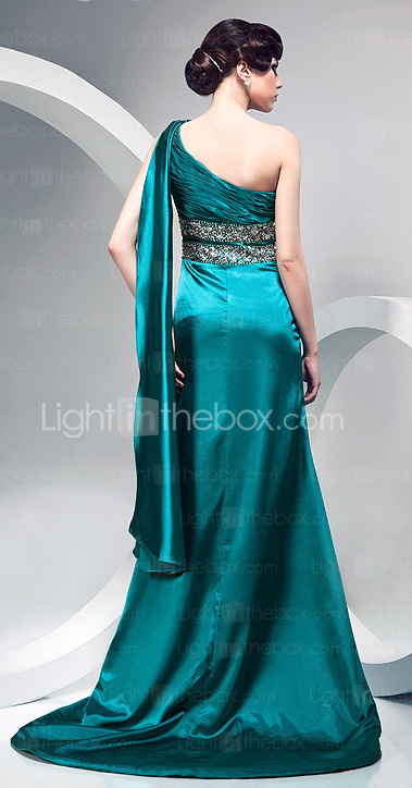 A-line One Shoulder Sweep/ Brush Train Stretch Satin Evening Dress