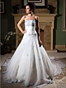A-line Strapless Chapel Train Organza Satin Wedding Dress
