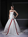 A-line Strapless Sleeveless Organza Satin Chapel Train Wedding Dress