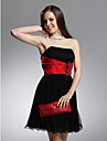 A-line Strapless Knee-length Tulle Taffeta Cocktail Dress