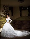 Ball Gown V-neck Long Sleeves Chapel Train Satin Wedding Dress