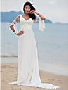 A-line Sweep/ Brush Train Satin Chiffon Wedding Dress