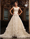 A-line V-neck  Chapel Train Tulle Wedding Dress 