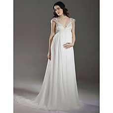 Großhandel Reich V-Ausschnitt Sweep / Pinsel Zug Chiffon elastische Gewebe Satin Mutterschaft Brautkleid (wsm0228)