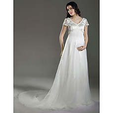 Großhandel Reich V-Ausschnitt Hofzug elastische Gewebe Satin Organza Mutterschaft Brautkleid (wsm0220)
