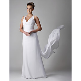 Empire V-neck Watteau Train Sleeveless Satin Chiffon Wedding Dress for Bride / Reception Dress (WGY0058)
