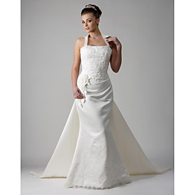 Trumpet Square Cathedral Train Satin Lace Wedding Dress for Bride / Reception Dress (WGY0036)