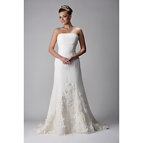 A-line Strapless Sweep/ Rrush Train Chiffon Wedding Dress With 3D Floral