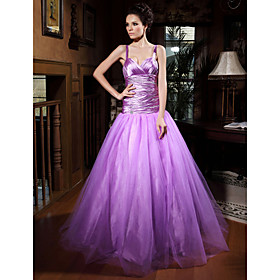 Ball Gown Spaghetti Straps Floor-length Elastic Woven Satin/ Tulle Prom Dress (FSM0468)