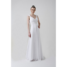 Sheath/ Column V-neck Watteau Train Chiffon Draped Wedding Dress