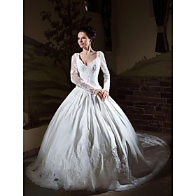 2010 style Ball Gown V-neck Long Sleeves Royal Length Train Satin Wedding Dress (WSM0532)