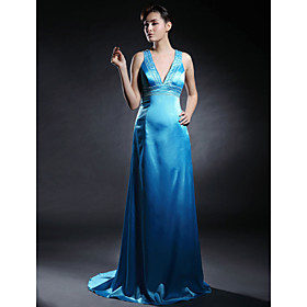 Column V-neck Sweep Train Taffeta Evening Dress (HSX338)