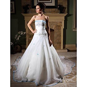 2010 style Ball Gown Strapless Sleeveless Chapel Train Organza/ Satin Wedding Dress (WGY0534)