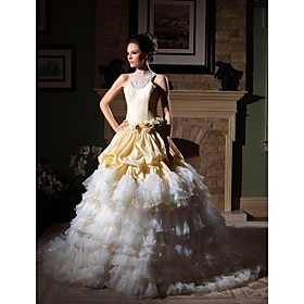Ball Gown Jewel Chapel Train Taffeta Organza Tiered Wedding Dress