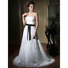 A-line Sweetheart Sweep/ Brush Train Satin Organza Wedding Dress