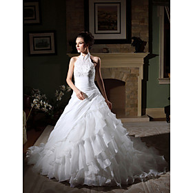 Ball Gown High Neck Chapel Train Organza Tiered Wedding Gown