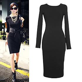 wholesale Long Sleeves Round Neck Fitted Shape Satin Belt Jersey Little Black Dress Women's Dresses(1801AL003-0737)