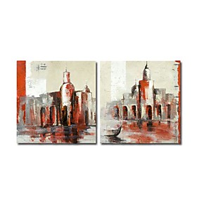 Hand-painted Landscape Oil Painting with Stretched Frame - Set of 2