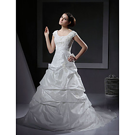 Princess A-line Scoop Chapel Train Taffeta Lace Wedding Dresses for Bride (HSGX051)