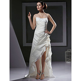 A-line Spaghetti Straps Asymmetrical Satin Lace Wedding Dresses for Bride (HXGD027)