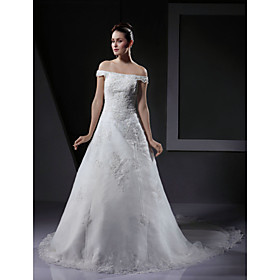 Princess Off-the-shoulder Sweep Train Satin Lace Wedding Dresses for Bride (HSX1148)