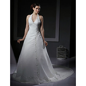 A-line Halter Chapel Train Satin Wedding Dresses for Bride (YCF102)