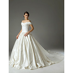 Ball Gown Off-the-shoulder Chapel Train Satin Embroidery Wedding Dress (WSM0447)