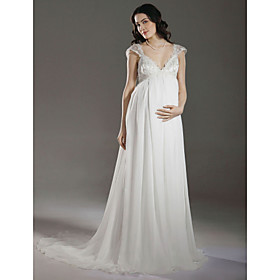 Sheath/ Column Empire V-neck Court Train Chiffon Maternity Wedding Dress