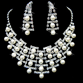 Category: Jewelry Sets Gender: Ladies' Occasion: Anniversary, Wedding, Engagement, Birthday, Gift, Party Material type: Alloy Gemstones: Imitation Pearl, Rhinestone Material Colors: Silver Gemstones Colors: White Length of Necklace: 15.7 quot;-19.7 quot;(Approx.40cm-50cm) Necklace Closure Type: Lobster Clasp Length of Earrings: 1.77 quot;(Approx.4.5cm) Width of Earrings: 0.78 quot;(Approx.2cm) Earrings Type: Pierced Tips: Color amp; Style representation may vary by monitor. Not responsible for typographical or pictorial errors, The necklace and earrings can be worn together or by themselves. Net Weight: 0.1Kg Shipping Weight: 0.25Kg Gorgeous Clear Crystals And Imitation Pearls Wedding Jewelry Set,Including Necklace And Earrings