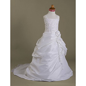 Ball Gown Spaghetti Straps Court Train Organza Satin Flower Girl Dress/ First Communion Dress