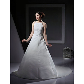 A-line Bateau Court Train Satin Wedding Dresses for Bride (YCF128)