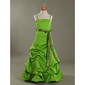 A-line Spaghetti Straps Floor-length Satin Junior Bridesmaid Dress With Pick-Ups Skirt