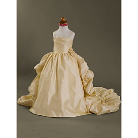 Ball Gown Spaghetti Straps Chapel Train Taffeta Satin Flower Girl Dress
