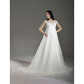Empire V-neck Court Train Satin Organza Lace Maternity Wedding Dress
