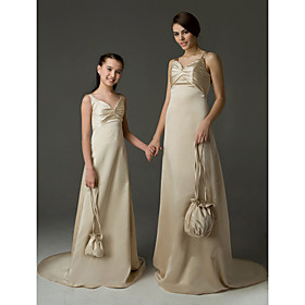 A-line V-neck Sweep/ Brush Train Satin Junior Bridesmaid Dress