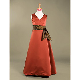 A-line V-neck Floor-length Satin Junior Bridesmaid Dress (WSD0268)