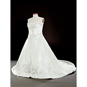 A-line/ Princess Sweetheart Chapel Train Satin Plus Size Wedding Dress With Beaded Embroidery