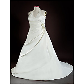 A-Line Halter Court Train Satin Plus Size Wedding Dress