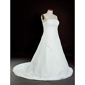 A-line Strapless Chapel Train Satin Taffeta Plus Size Wedding Dresses for Bride X092
