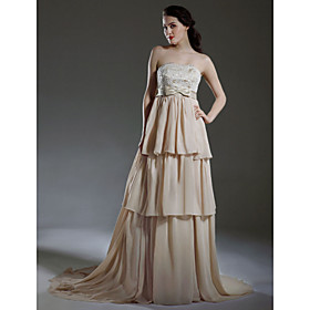 Empire Strapless Court Train Satin Chiffon Tiered Wedding Dress (WSW0164)