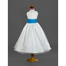 Ball Gown Scoop Tea-length Satin Organza Flower Girl Dress