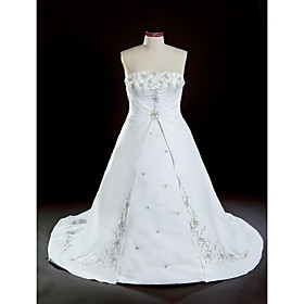 A-line Strapless Chapel Train Satin Plus Size Wedding Dresses for Bride X091