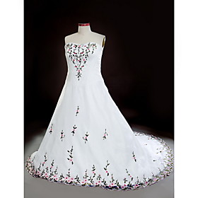 A-line Sweetheart Court Train Embroidery Organza Plus Size Wedding Dress