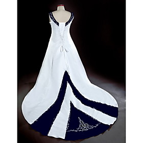 A-line V-neck Chapel Train Satin Plus Size Wedding Dresses for Bride X075