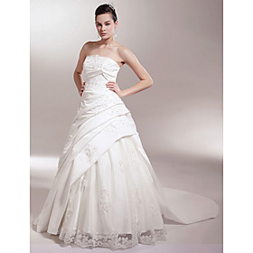 A-line / Princess Strapless Chapel Train Satin Luxury Wedding Dress With Beaded Lace Appliques