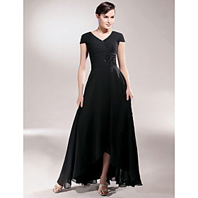 Sheath/ Column V-neck Asymmetrical Elastic Woven Satin Chiffon Mother of the Bride Dress