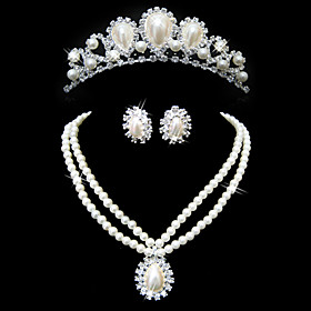 Gorgeous Clear Crystals And Imitation Pearls Jewelry Set, Including Necklace, Earrings And Tiara